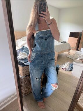 Casual Distressed Blue 90s Boyfriend Denim Overalls